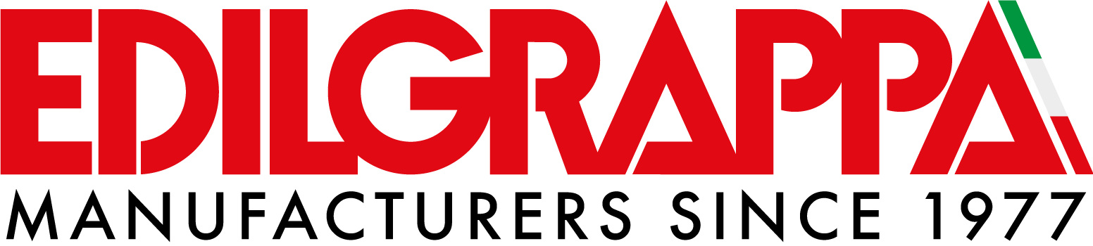 Logo rouge « EDILGRAPPA » avec l’inscription « FABRICANTS DEPUIS 1977 » en noir en dessous. Drapeau italien rouge, blanc et vert à droite.