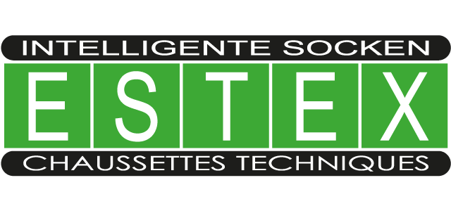 Logo avec « INTELLIGENTE SOCKEN », « ESTEX » et « CHAUSSETTES TECHNIQUES » en vert et blanc sur fond noir.