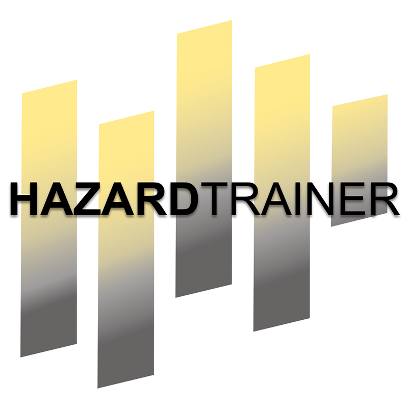 Inscription « HAZARDTRAINER » avec des barres dégradées de jaune à gris ; probablement un logo.