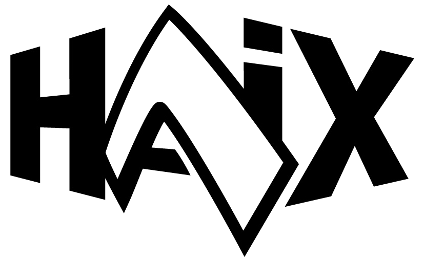 Logo HAiX : Lettres noires en gras et A géométrique blanc au centre, légèrement incliné.