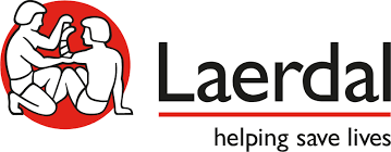Logo de Laerdal avec un cercle rouge représentant deux personnages et la mention « Laerdal, qui contribue à sauver des vies ».