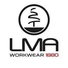 Logo LMA Workwear : Cercle noir avec motif d’arbre, texte « LMA » et « WORKWEAR 1880 ».