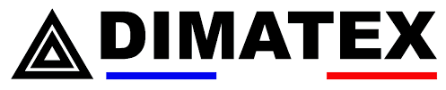 Logo de Dimatex, avec un symbole triangulaire et le nom de l'entreprise. Comprend des lignes bleues et rouges.