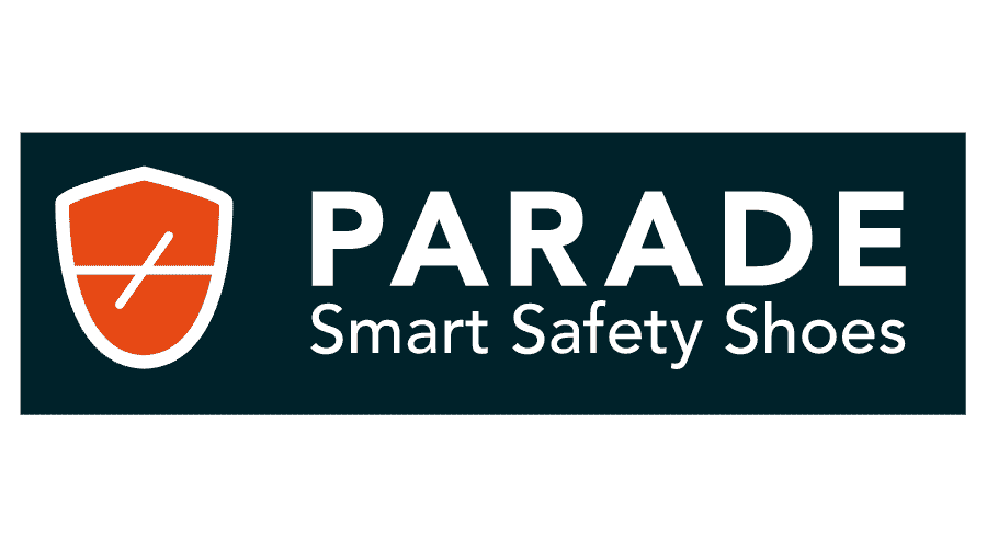 Logo : « PARADE Smart Safety Shoes » avec un symbole de bouclier ; couleurs turquoise et orange.