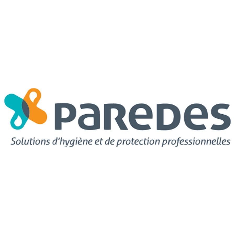 Logo pour PAREDES : forme abstraite turquoise et orange, texte gris et slogan en français.