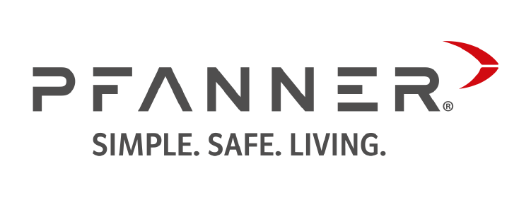 Logo Pfanner avec flèche rouge et slogan « Simple. Sûr. Vivre. »