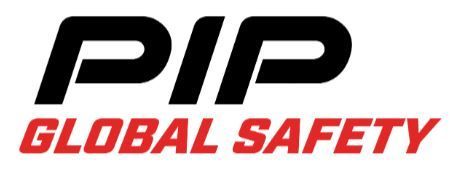 Logo noir « PIP » sur fond de texte rouge « GLOBAL SAFETY ».