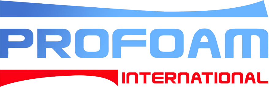 Logo de Profoam International en bleu clair avec une bannière rouge en dessous.