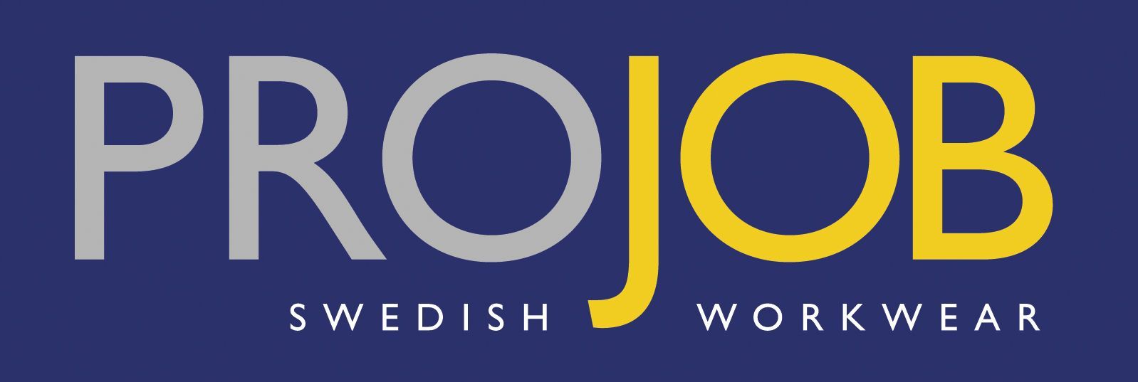 Logo Projob Swedish Workwear : texte « PROJOB » en argent et or, avec le texte « SWEDISH WORKWEAR » en dessous sur fond bleu.