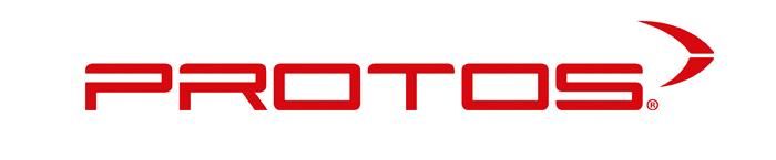 Logo rouge « PROTOS » avec une flèche stylisée sur fond blanc.