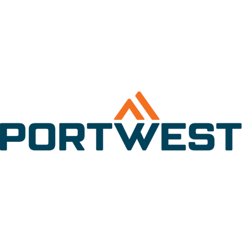 Logo Portwest : Texte turquoise avec icône de montagne orange.