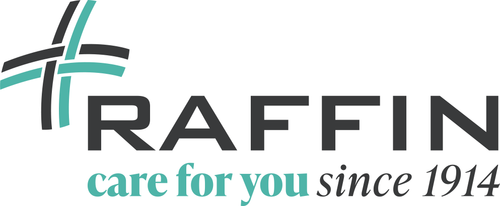 Logo de Raffin Healthcare, comportant un symbole de croix et le texte : « RAFFIN prend soin de vous depuis 1914 ».