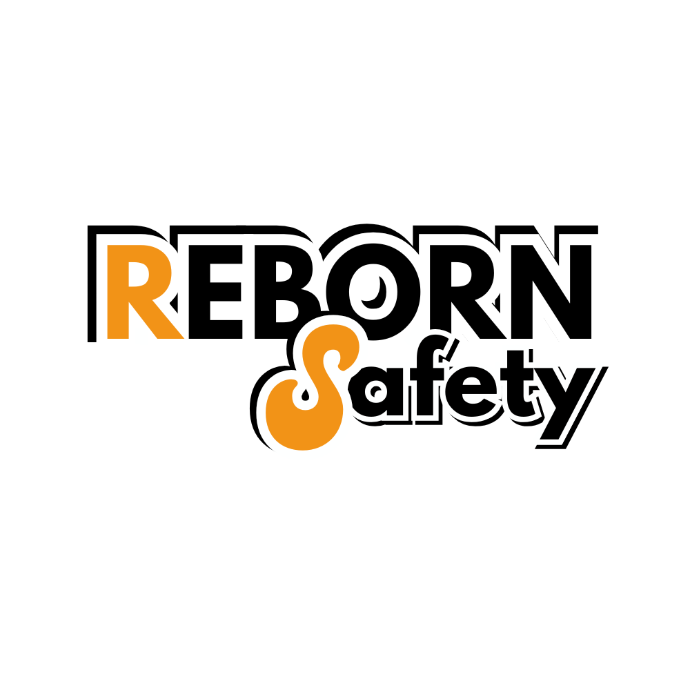 Logo pour Reborn Safety, avec texte noir et orange, police stylisée.