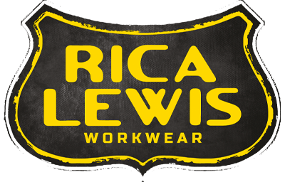 Logo Rica Lewis Workwear noir et jaune sur un motif en forme de bouclier.