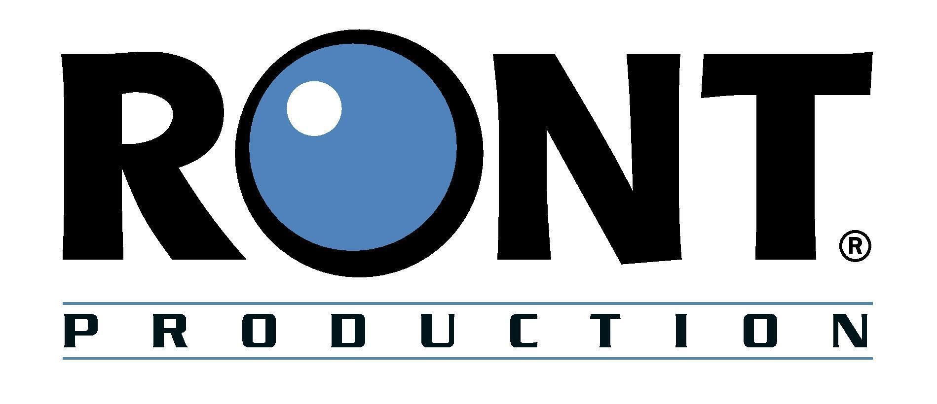 Logo de RONT Production, avec « RONT » en lettres noires grasses, un œil bleu au centre et « PRODUCTION » en dessous.