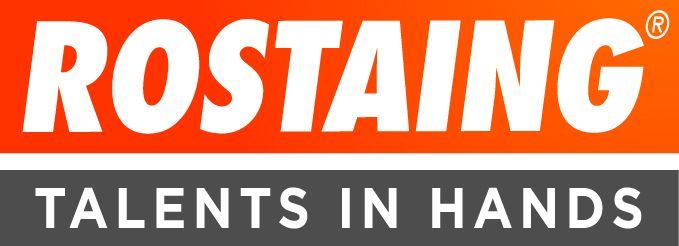 Logo ROSTAING avec partie supérieure orange et partie inférieure grise. Le texte indique « TALENTS ENTRE MAINS ».