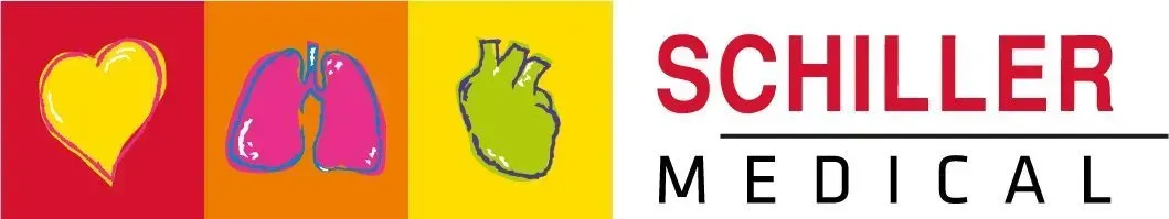 Logo avec icônes de cœur, de poumons et de cœur, texte SCHILLER MEDICAL.