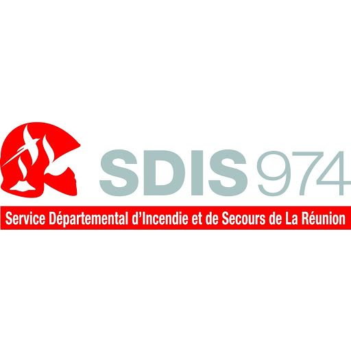 Logo du SDIS 974 (Service d'incendie et de secours de La Réunion), rouge et gris, avec texte.