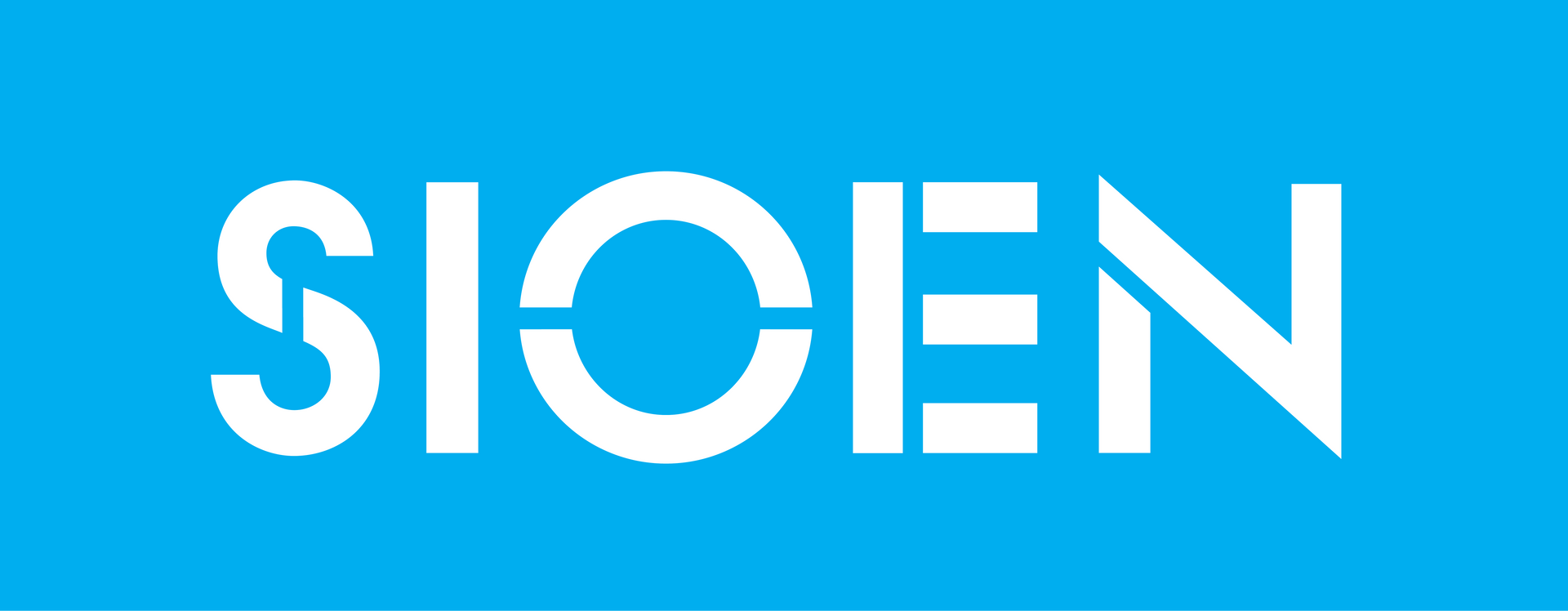 Logo SIOEN en blanc sur fond bleu.