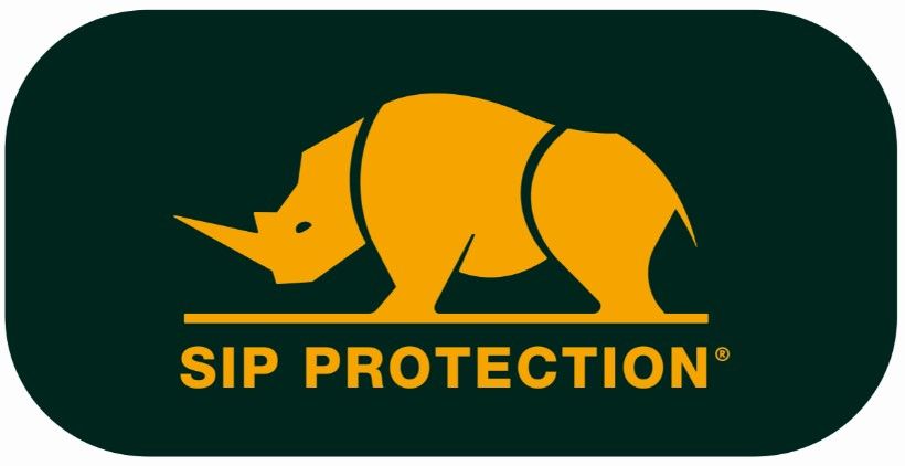 Silhouette d'un rhinocéros jaune sur fond vert foncé, texte PROTECTION SIP.