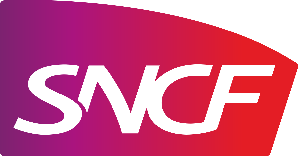 Logo SNCF : texte blanc sur fond dégradé, du violet au rouge.
