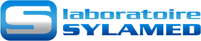 Logo du « Laboratoire SYLAMED » en bleu et blanc. Le « S » de « SYLAMED » est stylisé.