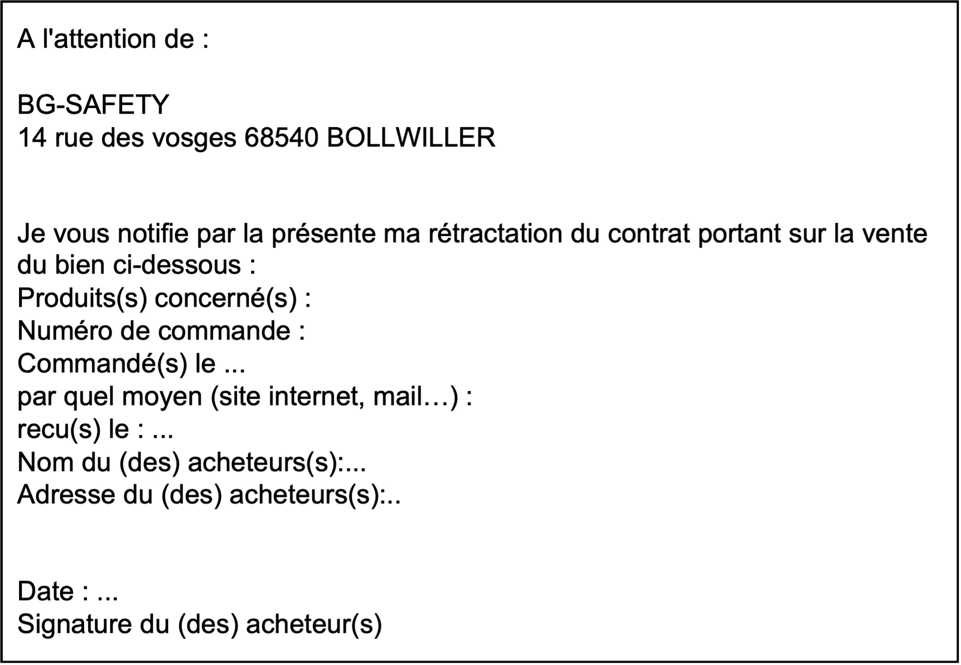 Lettre de rétractation de contrat adressée à BC-SAFETY, avec des champs pour les détails du produit, le numéro de commande et les informations sur l'acheteur.