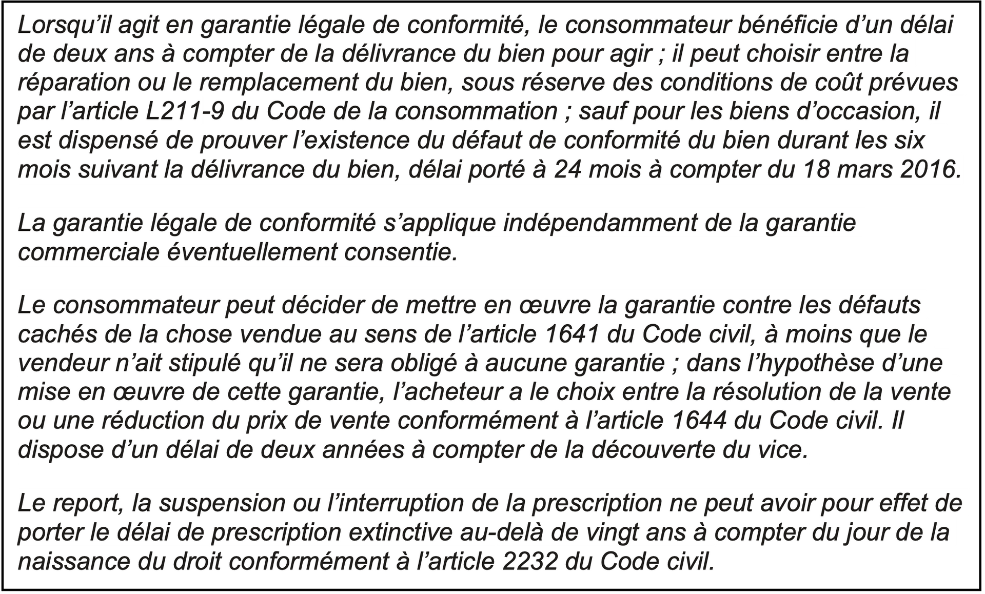 Texte en français sur les garanties légales des biens de consommation.