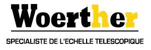 Logo pour Woerther, avec texte noir et jaune et le slogan « SPÉCIALISTE DE L'ÉCHELLE TÉLESCOPIQUE » en dessous.