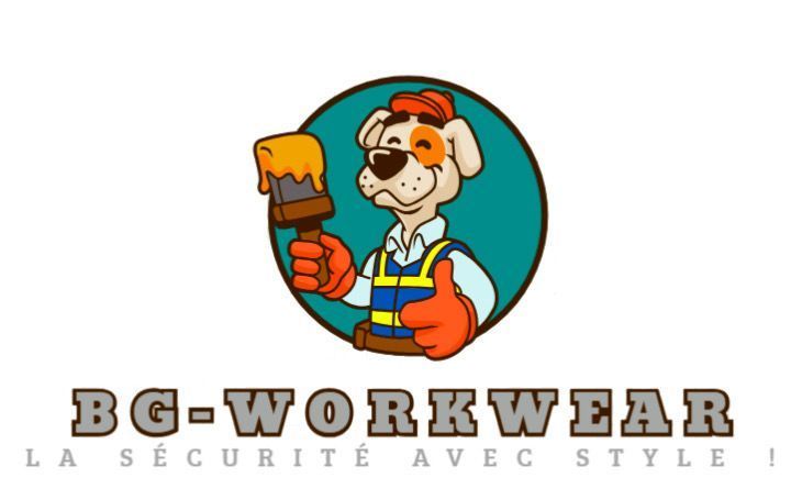 Chien de dessin animé en tenue de travail tenant un pinceau. Logo de BG-WORKWEAR, « La sécurité avec style ! » en français.
