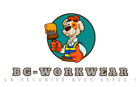 Dessin animé d'un chien en tenue de travail tenant un pinceau dégoulinant de peinture jaune ; fond circulaire turquoise. Logo « BG-WORKWEAR ».