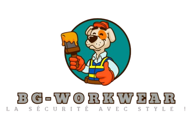 Dessin animé d'un chien en tenue de travail tenant un pinceau dégoulinant de peinture jaune ; fond circulaire turquoise. Logo « BG-WORKWEAR ».