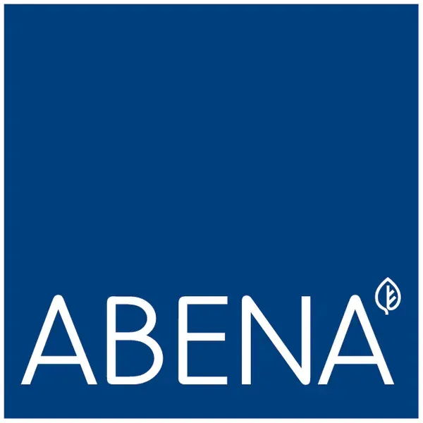 Carré bleu avec le texte blanc « ABENA » et un symbole de feuille.