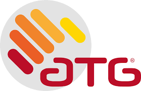 Logo DTG : lettres stylisées rouges avec un motif d’empreinte de main orange et jaune sur un cercle gris.
