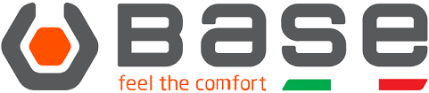 Logo avec texte gris « BASE », hexagone orange dans une clé grise, « ressentez le confort » et barres vertes/rouges.