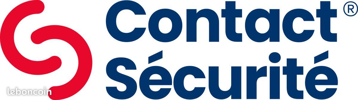 Logo de Contact Sécurité, symbole en spirale rouge avec texte bleu foncé sur fond blanc.