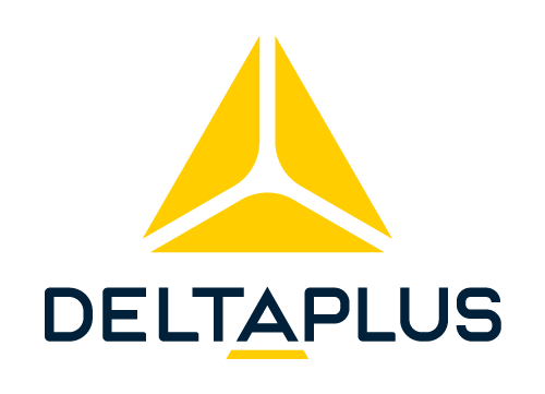 Logo Delta Plus : Triangle jaune avec trois lignes internes, texte bleu marine.
