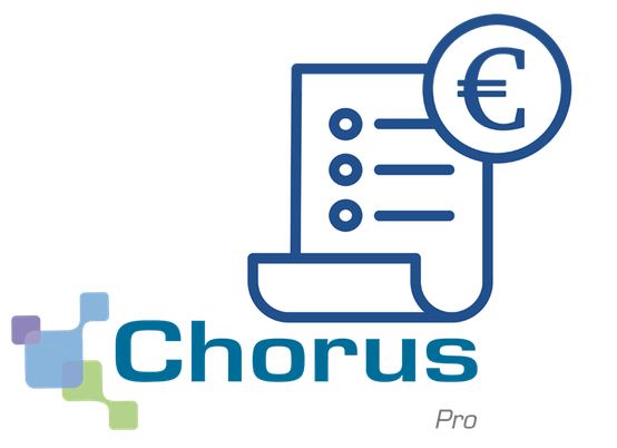 Logo Chorus Pro : document bleu avec le symbole euro et le texte « Chorus Pro ».