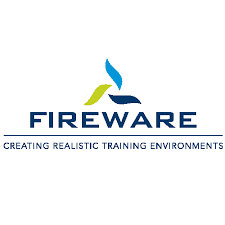 Logo Fireware avec un symbole à trois feuilles bleu et jaune. Nom de l'entreprise et slogan : « Créer des environnements de formation réalistes ».