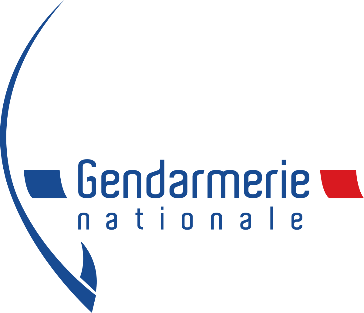 Logo de la Gendarmerie Nationale, avec un arc bleu, du texte et des drapeaux bleus et rouges.