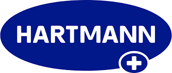 Logo de HARTMANN, une entreprise du secteur de la santé, en texte blanc sur un ovale bleu, avec un symbole plus blanc dans un cercle.