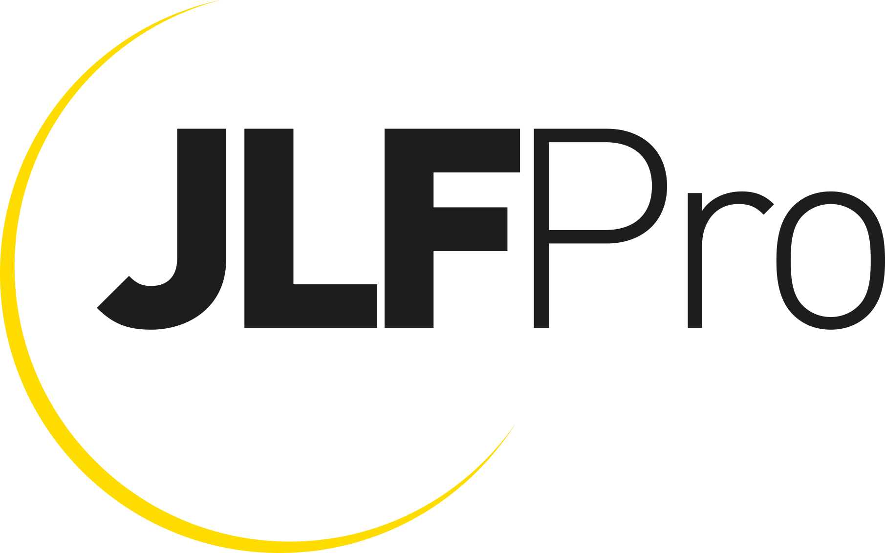 Logo JLFPro avec texte noir et forme de croissant jaune.