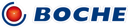 Logo avec une sphère orange à l'intérieur d'un arc bleu, suivi du mot « BOCHE » en bleu avec un contour blanc.