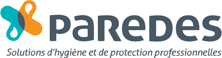 Logo de Paredes, entreprise aux formes bleues et oranges et au texte gris foncé. « Solutions d'hygiène et de protection professionnelles » en dessous.