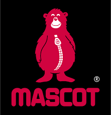 Mascotte d'ours rouge avec fermeture éclair sur la poitrine ; « MASCOTTE » en lettres rouges.