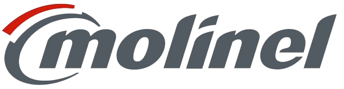 Logo pour Molinel, texte gris, un « m » stylisé avec des lignes courbes rouges et grises.
