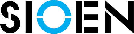 Logo : « SIOEN » en caractères géométriques gras ; le S et le E sont noirs ; le O est bleu.