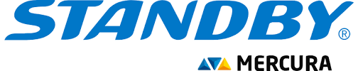 Logo bleu « STANDBY » avec le mot « MERCURA » en dessous.