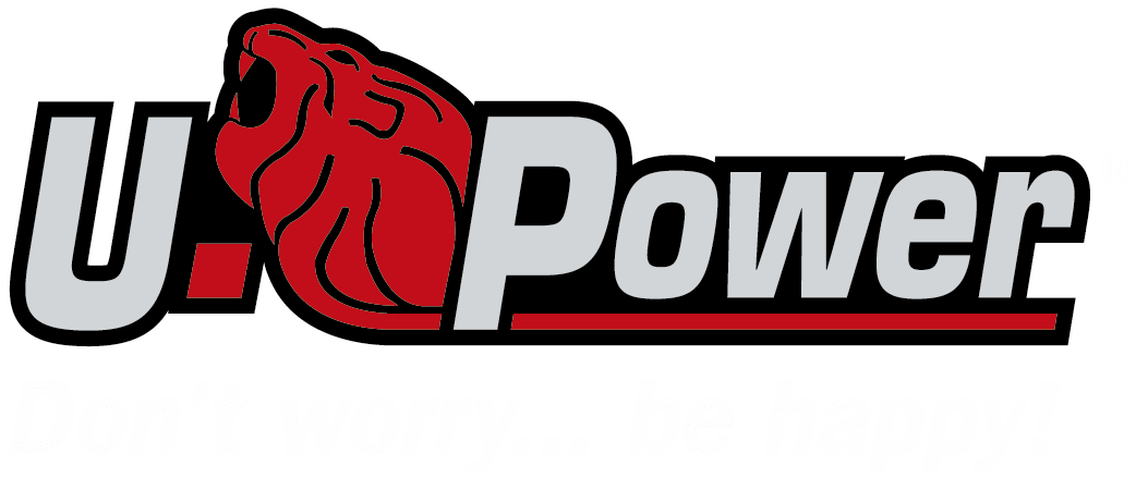 Logo U. Power : une tête de bouledogue rouge, à côté de l’inscription « U. Power » en caractères gris et noirs sur une barre rouge.