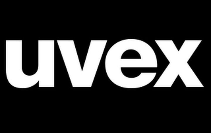 Logo Uvex en blanc sur fond noir.